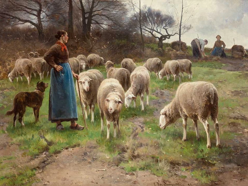 1841-Cornelius Van Leemputten - Pecore al pascolo e pastorella, 1892